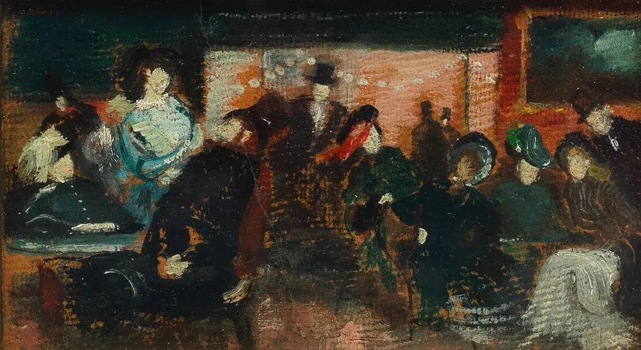 Peinture impressionniste de plusieurs personnes dans un salon, avec des touches de bleu et de rouge.