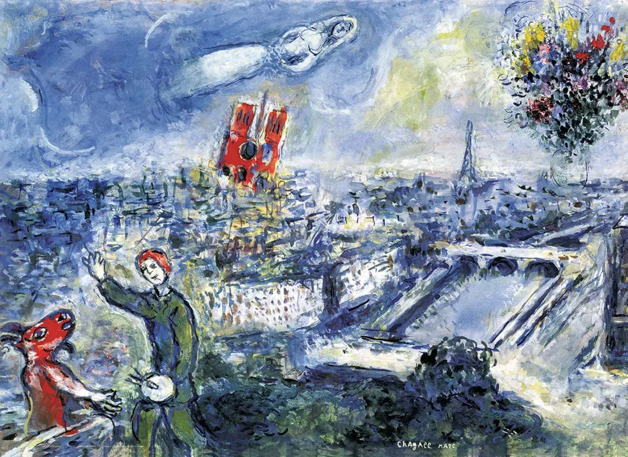 Une peinture de Chagall : Paris vu du ciel, avec Notre-Dame, la Tour Eiffel, un taureau rouge et un personnage flottant.