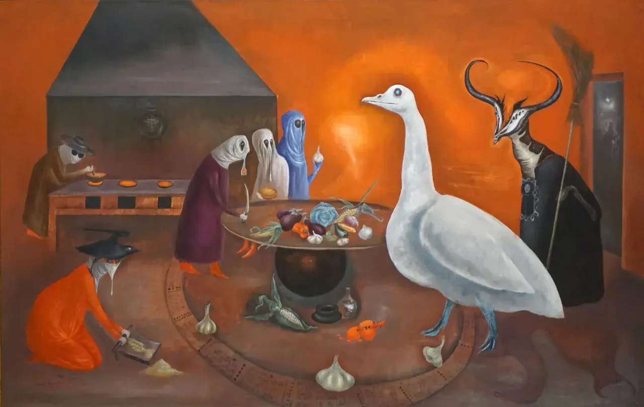 Un grand cygne blanc domine une scène surréaliste où des personnages étranges préparent des légumes. Un peintre surréaliste a créé cette œuvre onirique.
