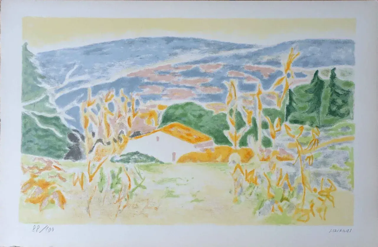Paysage pastel de Jules Cavaillès avec une maison au toit orange, des collines bleues et des herbes hautes dorées.