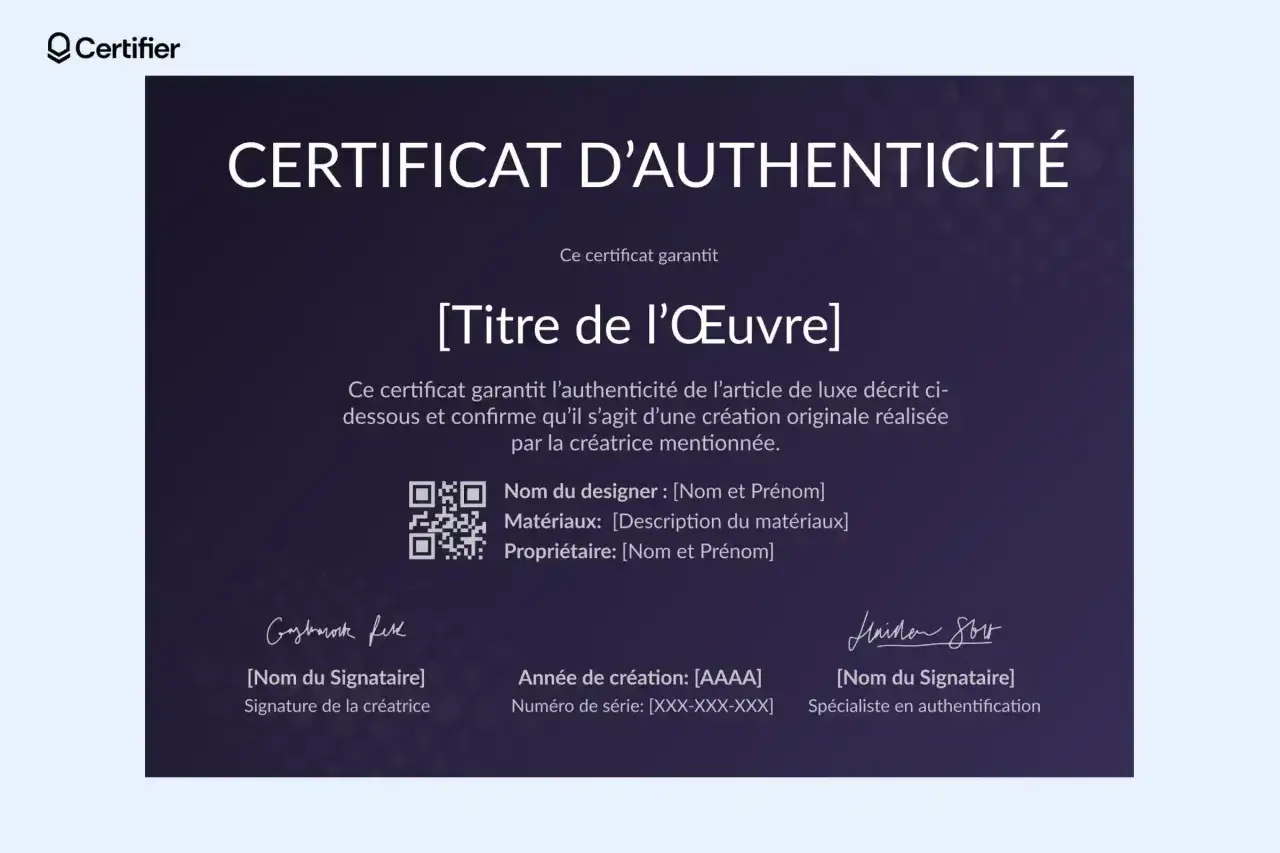 Certificat d'authenticit&eacute; avec deux signatures manuscrites pour identifier une signature de peintre.