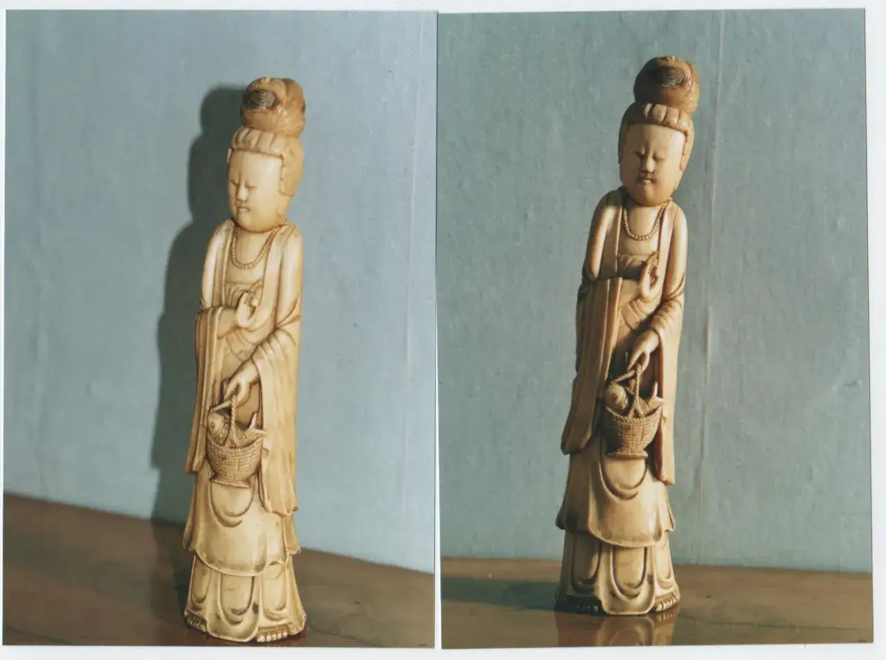 Deux vues d'une d&eacute;licate statuette ivoire repr&eacute;sentant une femme tenant un panier de poissons.