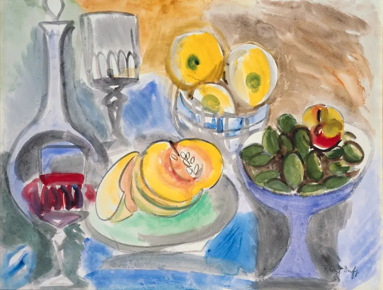Nature morte vibrante de Raoul Dufy en aquarelle, avec des fruits color&eacute;s, une carafe et un verre de vin rouge.