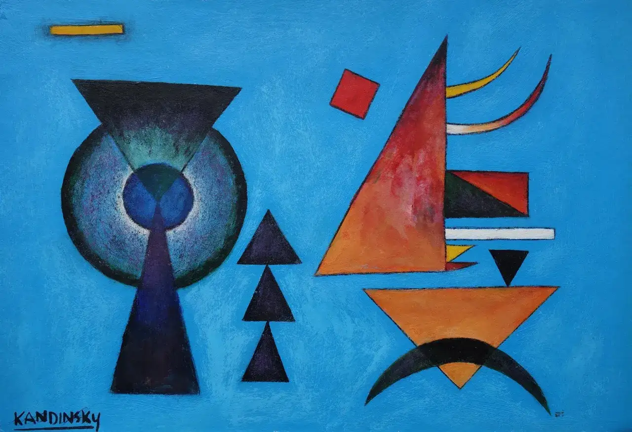 Abstraction colorée sur fond bleu, avec des formes géométriques et organiques. Signature Kandinsky en bas à gauche.