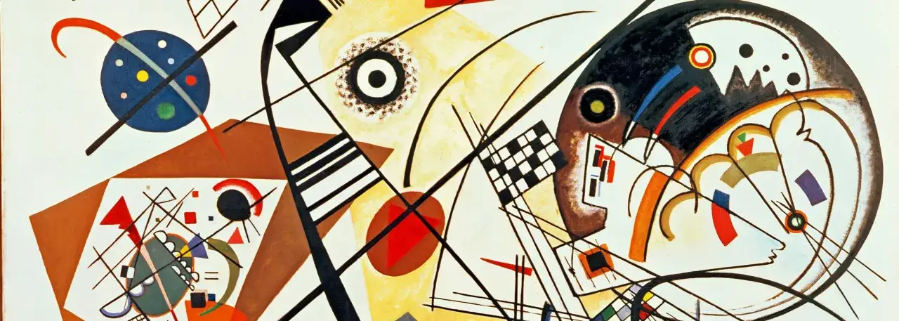 Œuvres d'art de Vassily Kandinsky : une explosion de formes géométriques et de couleurs vives, avec des cercles, des lignes et des triangles dansant sur la toile.