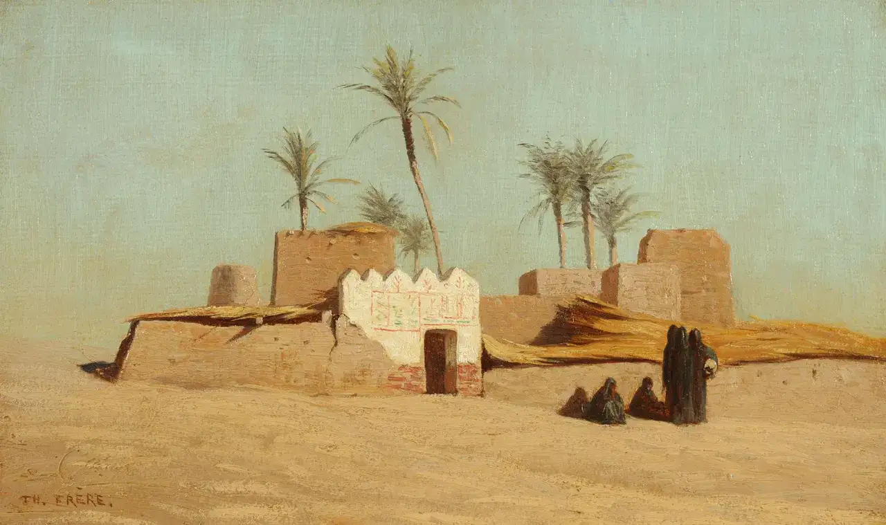 Un village ocre sous le ciel bleu, avec des palmiers et des silhouettes voil&eacute;es. Une &oelig;uvre de Th&eacute;odore Fr&egrave;re.