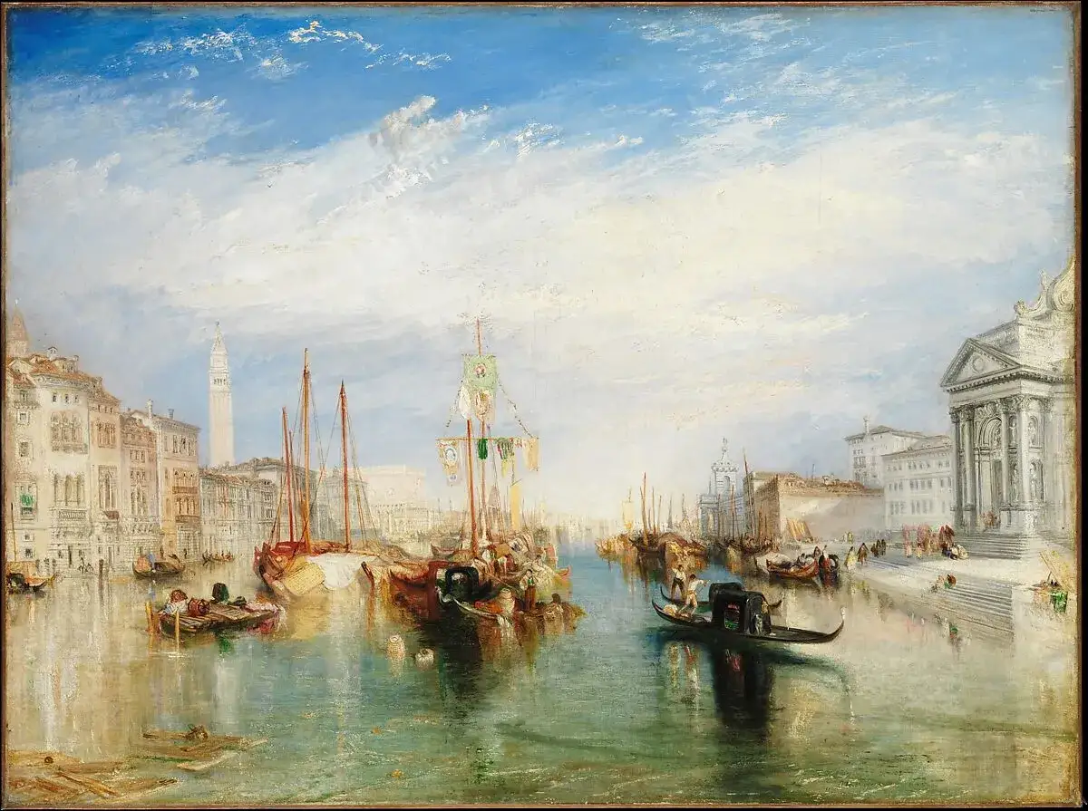 Venise baign&eacute;e de lumi&egrave;re, une sc&egrave;ne anim&eacute;e de bateaux et de gondoles, typique des &oelig;uvres d'art de Joseph Mallord William Turner.