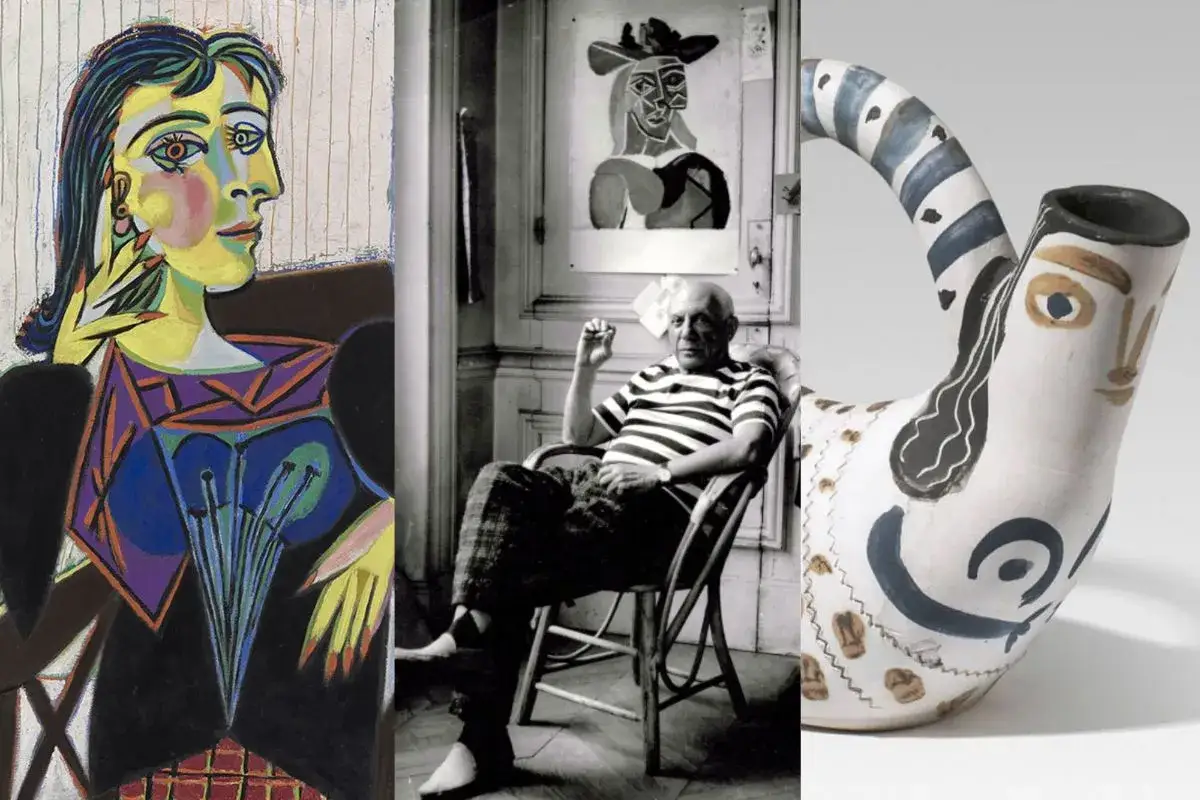 Collage d'&oelig;uvres de Picasso : portrait color&eacute;, l'artiste dans son atelier, et une poterie d&eacute;cor&eacute;e. Le prix tableau Picasso est souvent astronomique.