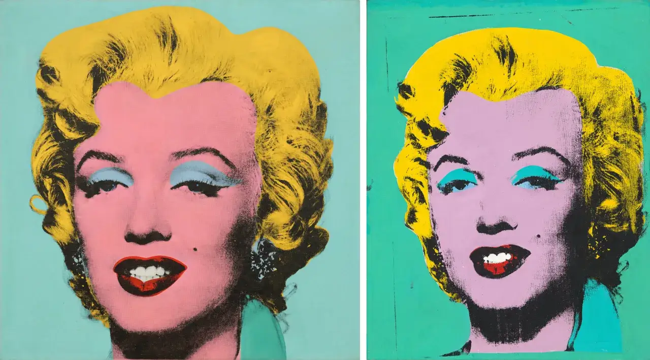 Deux portraits pop art de Marilyn Monroe par Andy Warhol, aux couleurs vives et audacieuses, embl&eacute;matiques de ses &oelig;uvres.