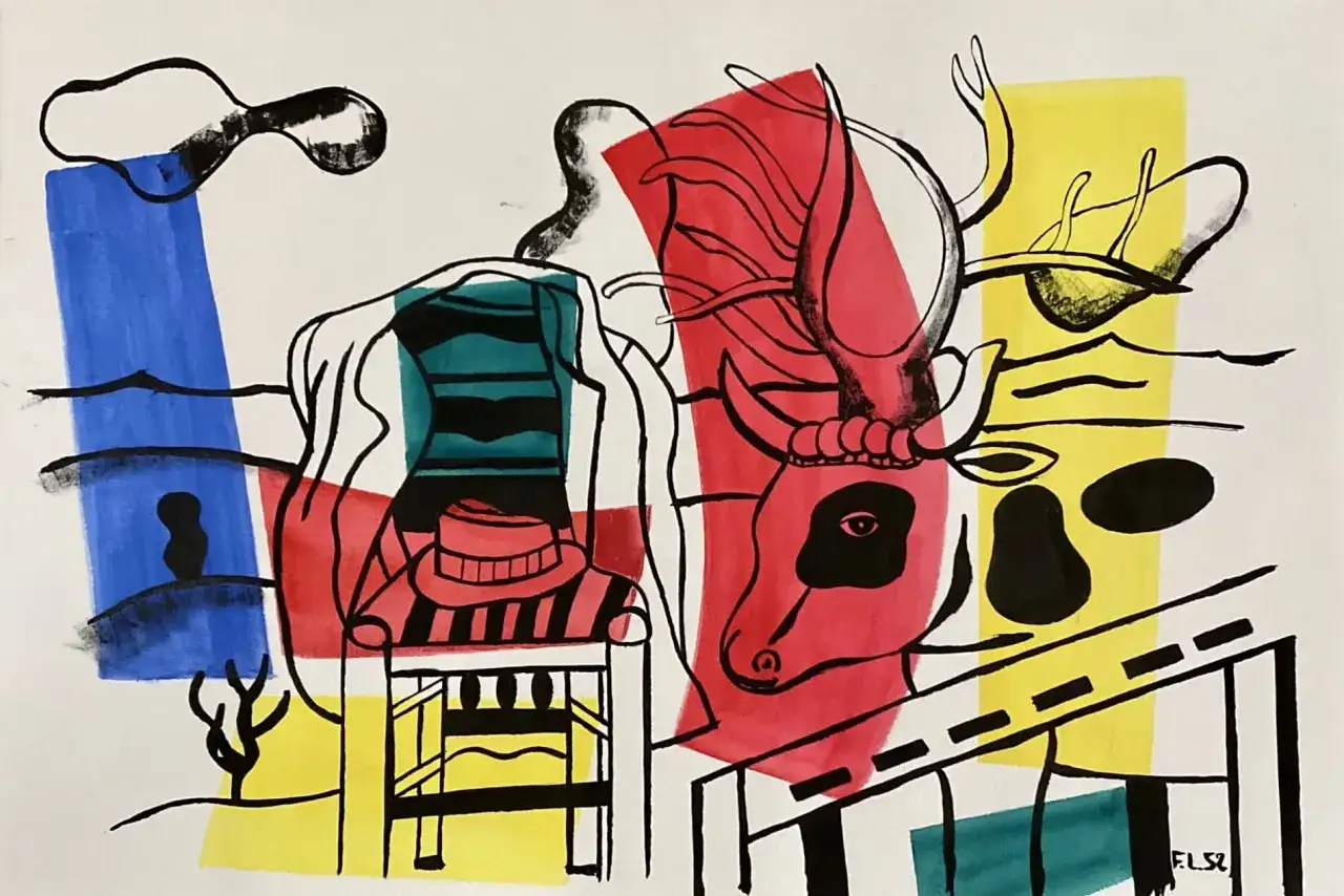 &OElig;uvres d'art de Fernand L&eacute;ger : un taureau stylis&eacute; aux cornes imposantes, une silhouette humaine portant un chapeau, le tout dans un style cubiste aux couleurs vives.