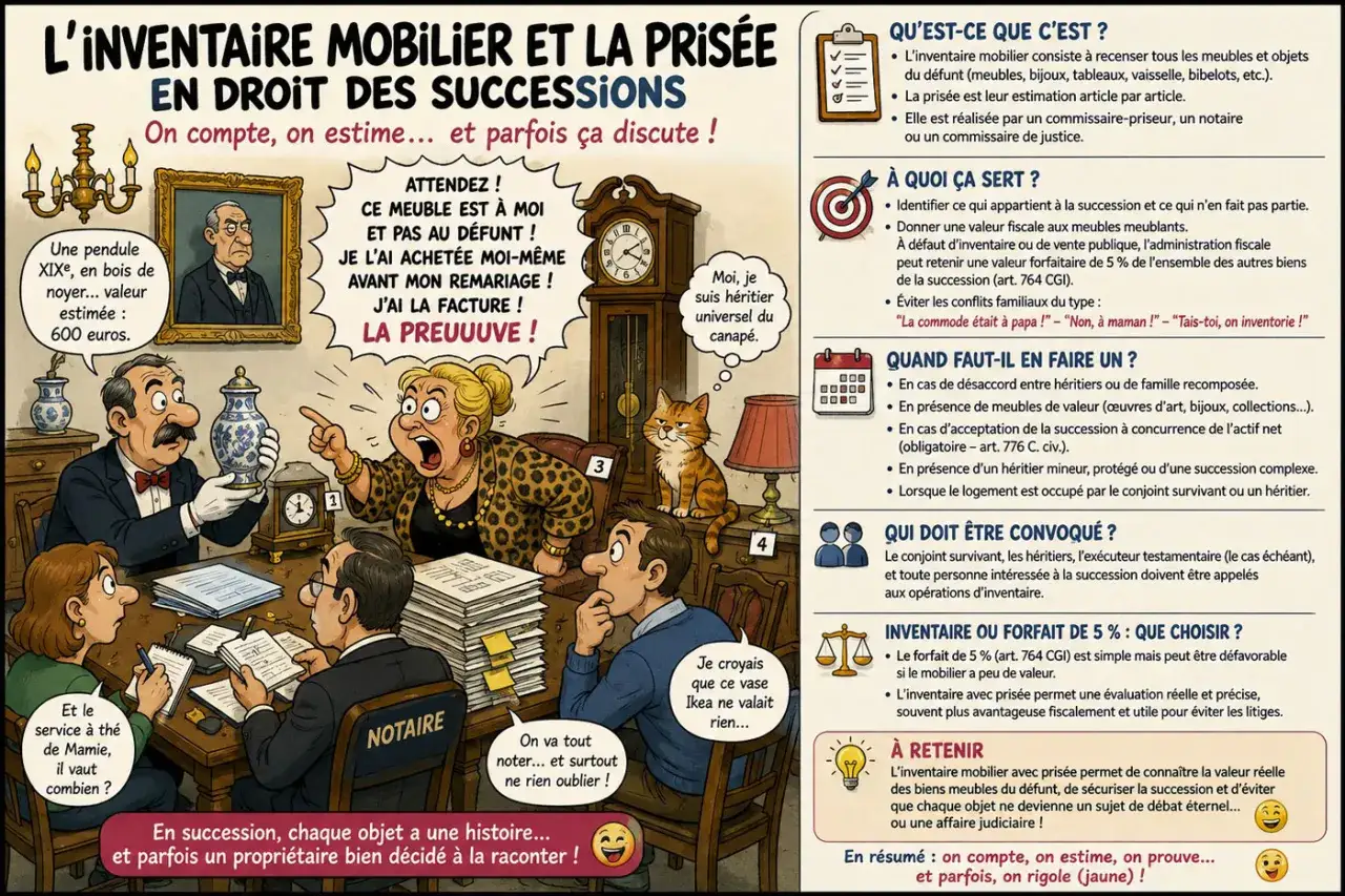 Un notaire et des héritiers discutent lors d'un inventaire de succession. Une femme s'exclame : 