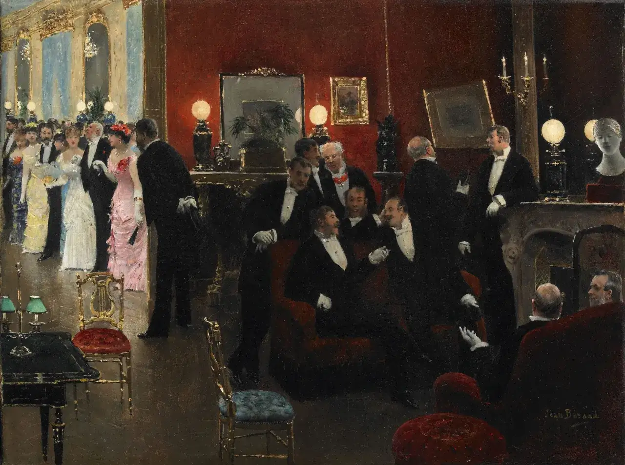 Une sc&egrave;ne mondaine peinte par Jean B&eacute;raud. Des hommes en frac et des femmes en robe discutent dans un salon luxueux.