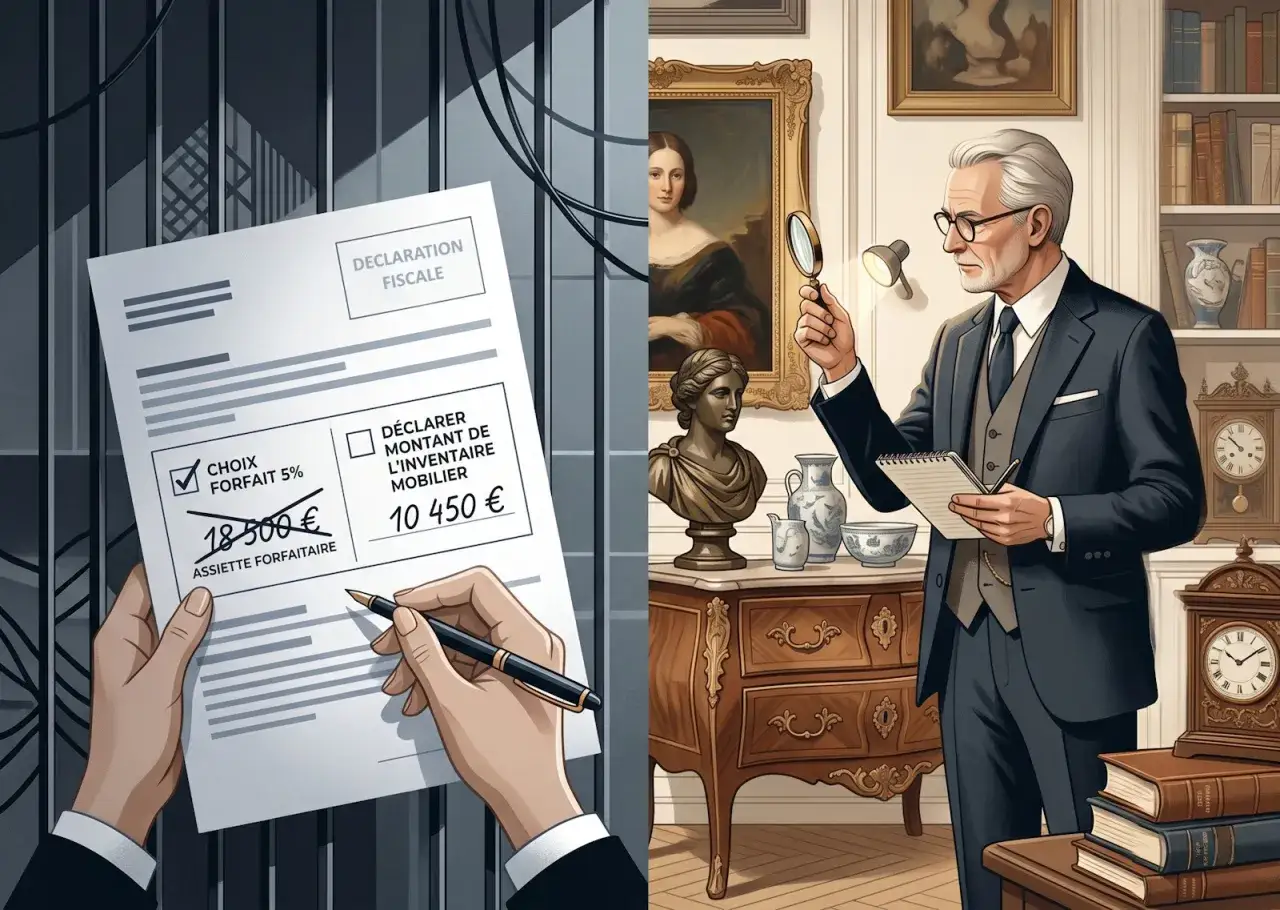 D&eacute;claration fiscale pour une succession : choix entre forfait mobilier et inventaire. Un homme examine des meubles anciens.