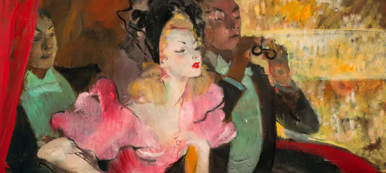 Une femme blonde en robe rose, vue par le peintre Domergue, observe la scène avec un homme aux jumelles.