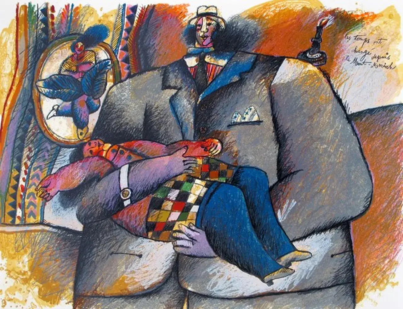 Une œuvre de Theo Tobíasse : un homme porte un enfant, une scène colorée avec un miroir reflétant un oiseau.