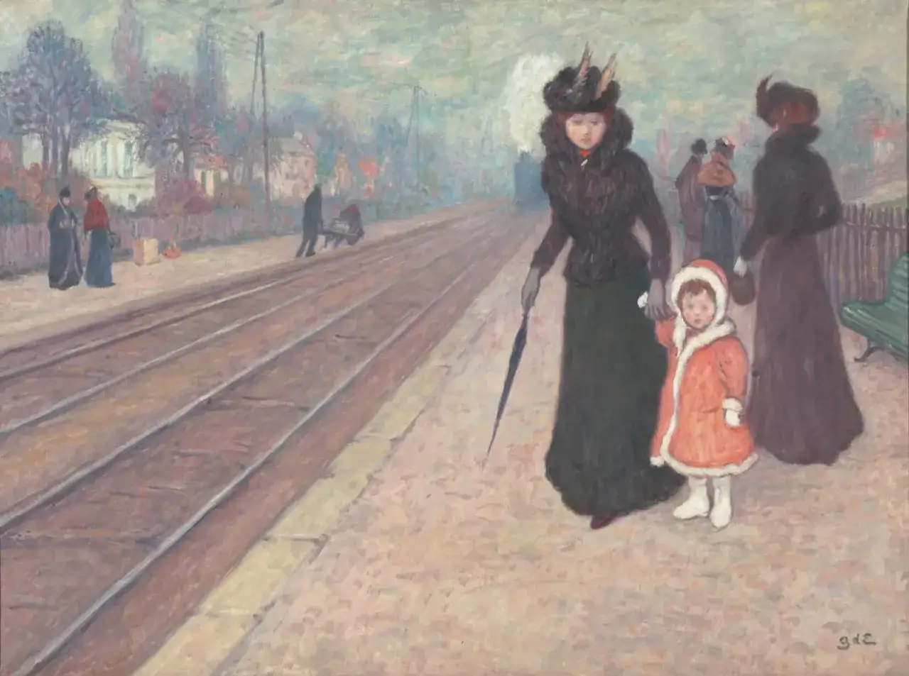 Georges d'Espagnat : une m&egrave;re et son enfant attendent le tramway, une femme &eacute;l&eacute;gante &agrave; l'ombrelle &agrave; leurs c&ocirc;t&eacute;s.