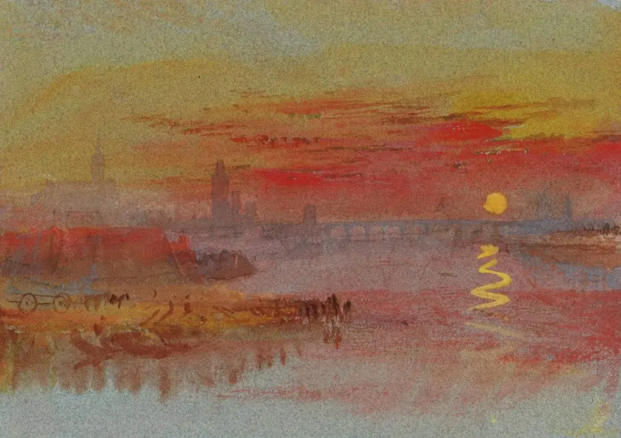 Coucher de soleil embrasant la Tamise, une sc&egrave;ne typique des &oelig;uvres d'art de Joseph Mallord William Turner, avec des silhouettes de Londres au loin.