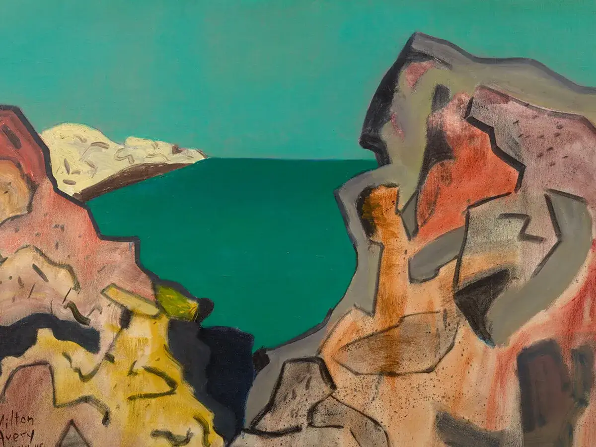 Paysage rocheux aux couleurs vives, signature Milton Avery. L'eau &eacute;meraude rencontre le ciel turquoise.