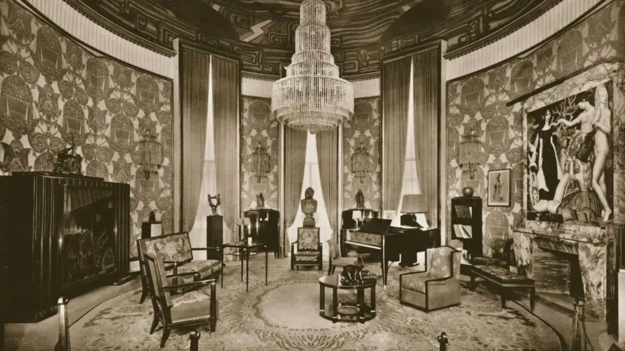 Salon Art D&eacute;co avec un lustre imposant, des fauteuils et un piano, &eacute;voquant le style de Jacques &Eacute;mile Ruhlmann.