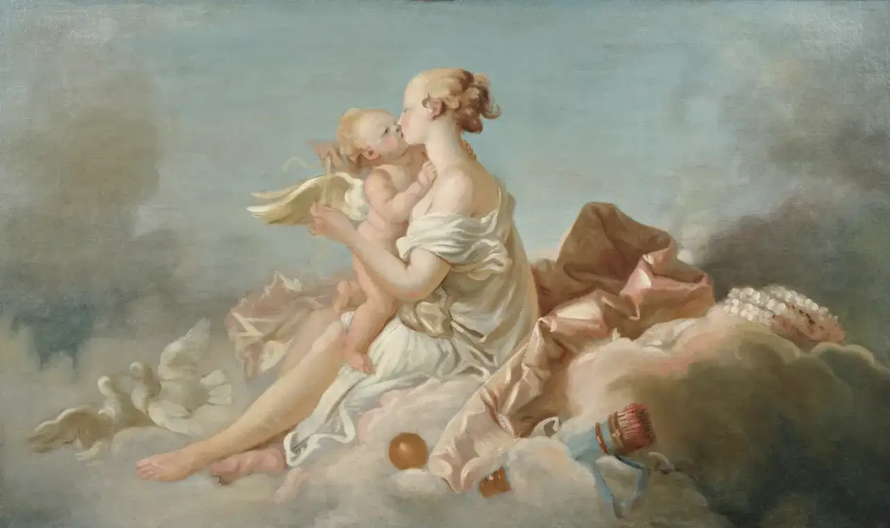 Un tableau Fragonard, prix estim&eacute; &eacute;lev&eacute;, d&eacute;peint une m&egrave;re et son enfant sur des nuages, entour&eacute;s de colombes et de draperies roses.