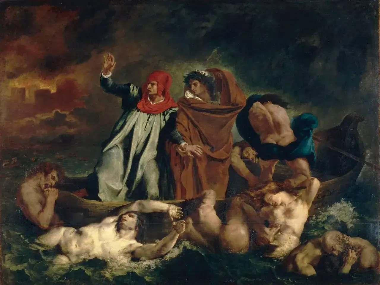 Une peinture romantique dépeignant Dante et Virgile dans une barque, traversant un fleuve tumultueux peuplé de damnés.