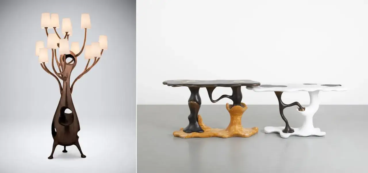 Lampadaire et tables aux formes organiques, cr&eacute;ations de Mattia Bonetti. L'art du mobilier prend vie.