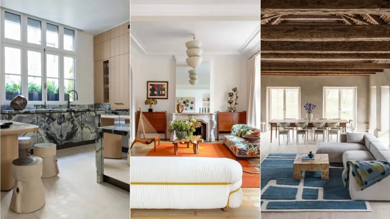 Un mixer moderne et ancien dans trois pièces : cuisine marbre, salon coloré, salle à manger rustique.