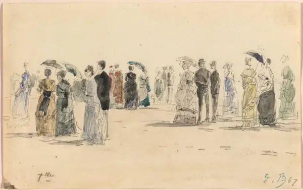 Esquisse d'une foule élégante, peut-être une scène de plage, dans le style du peintre Boudin. Des parasols protègent du soleil.