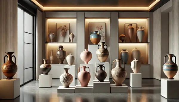 Collection de vases anciens, une **estimation vase** pour chaque pièce. Divers styles et textures, certains ornés de motifs complexes, d'autres plus sobres.