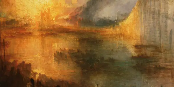 Œuvres d'art de Joseph Mallord William Turner : un paysage fluvial embrasé par un soleil couchant, avec des silhouettes sur la rive et des barques sur l'eau.